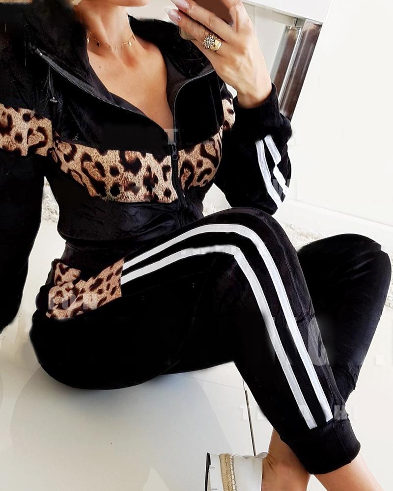 

Cheetah Print Long Sleeve Top & Pocket Design Pants Set, Black