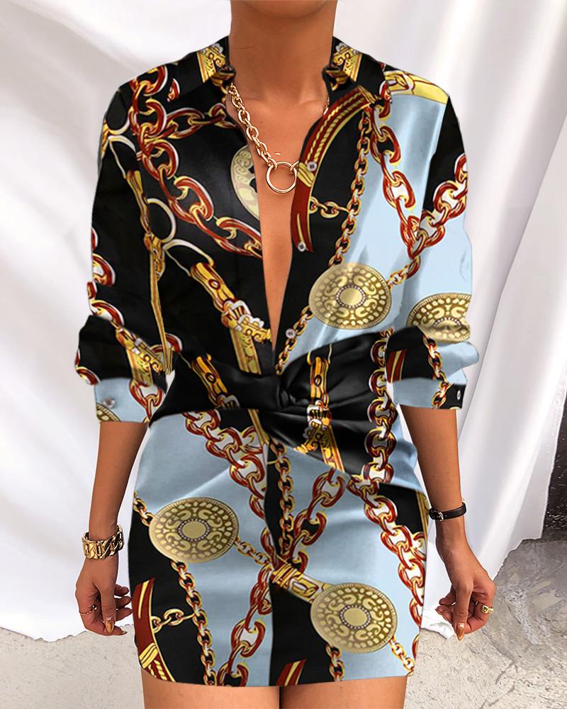 

Scarf Chain Print Twisted Shirt Dress, Blue