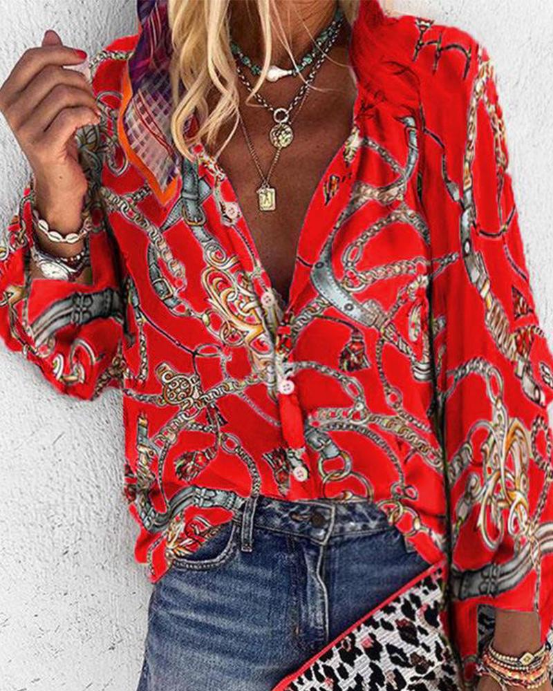 

Chains Print Long Sleeve Blouse, Red