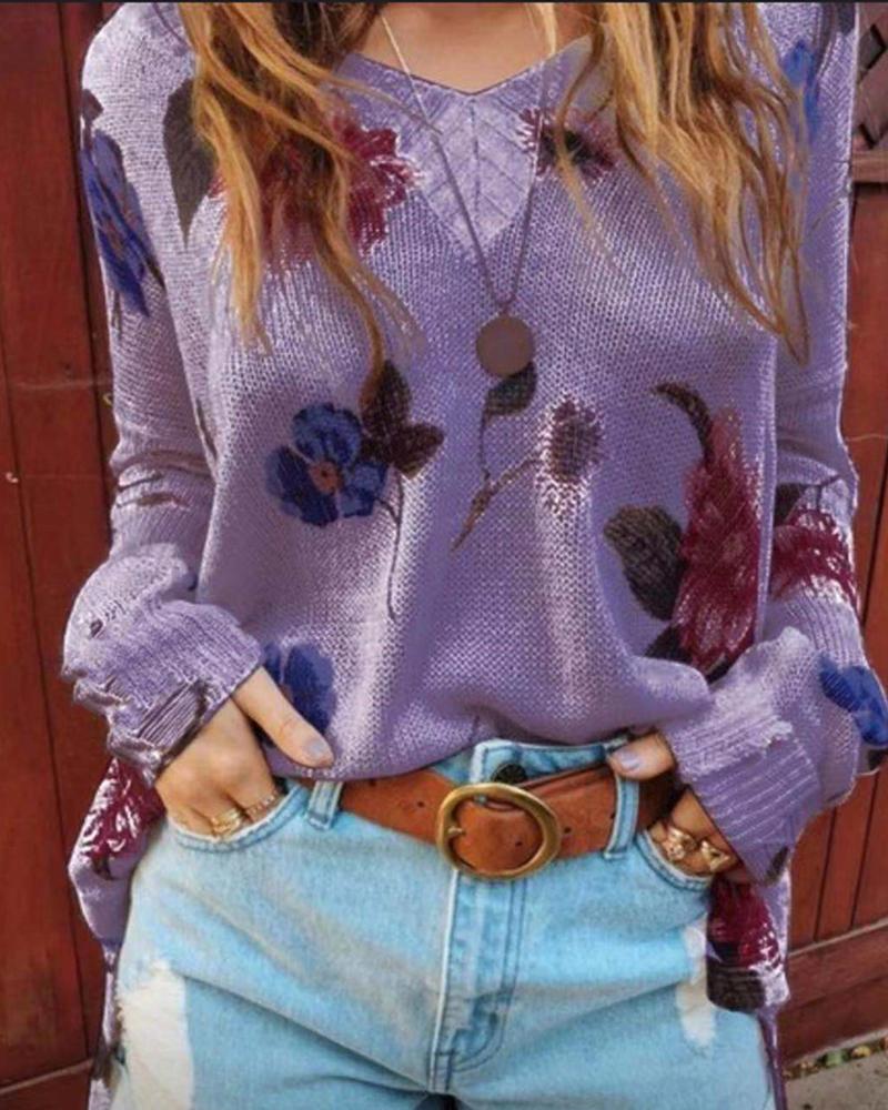 

Floral Print Long Sleeve Casual Sweater, Purple