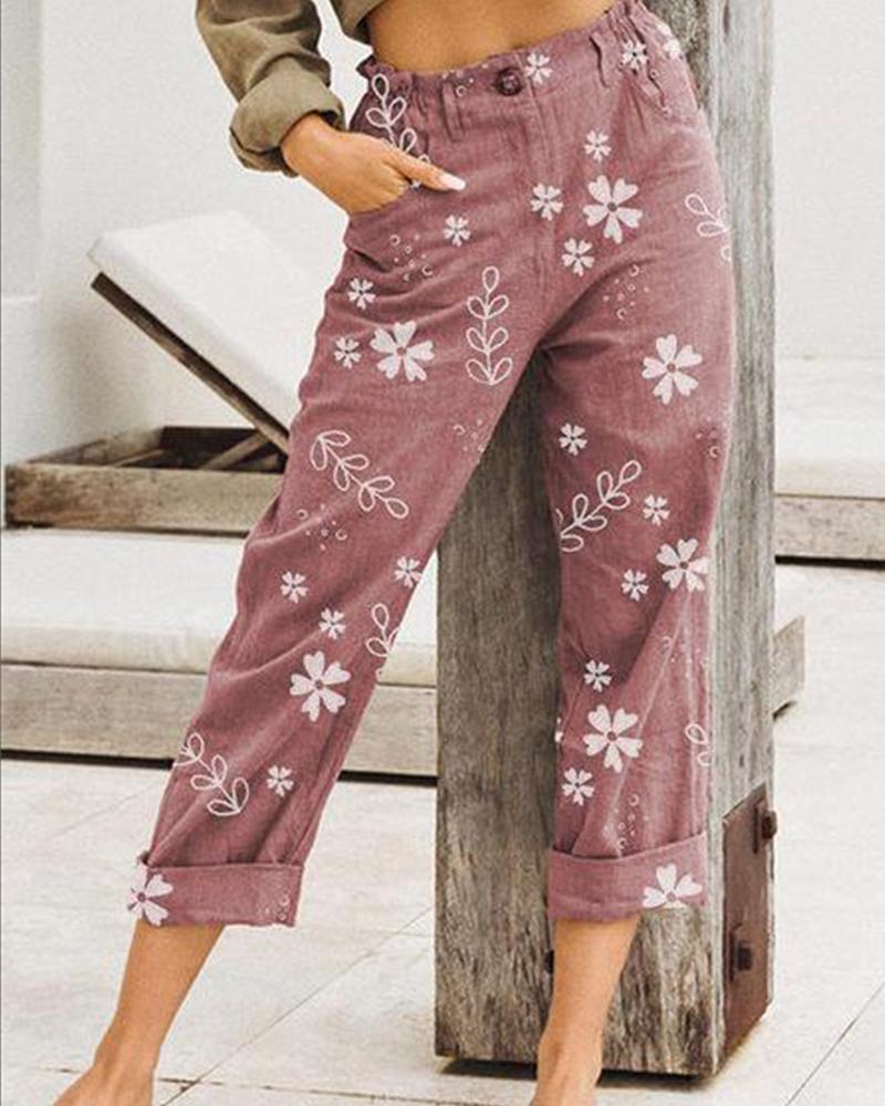 

Floral Button Front Pants, Pink