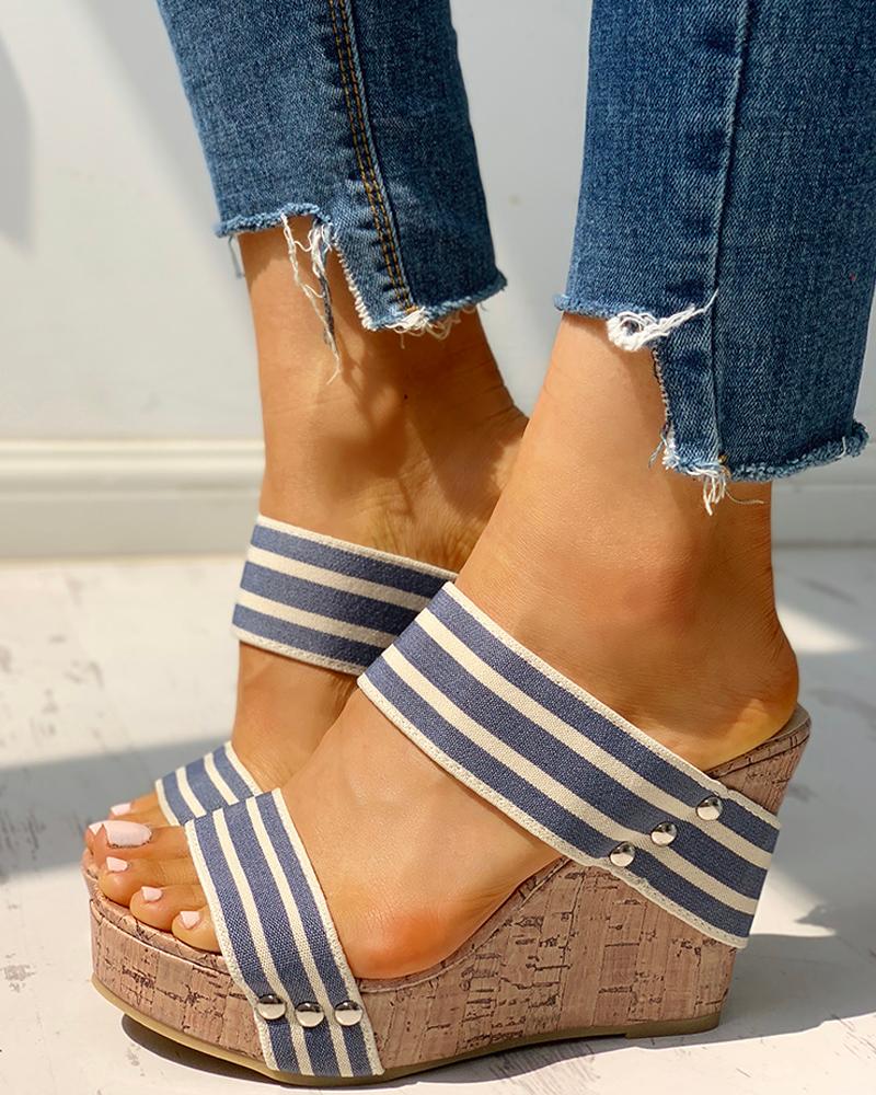 

Rivet Detail Platform Wedge Sandals, Blue