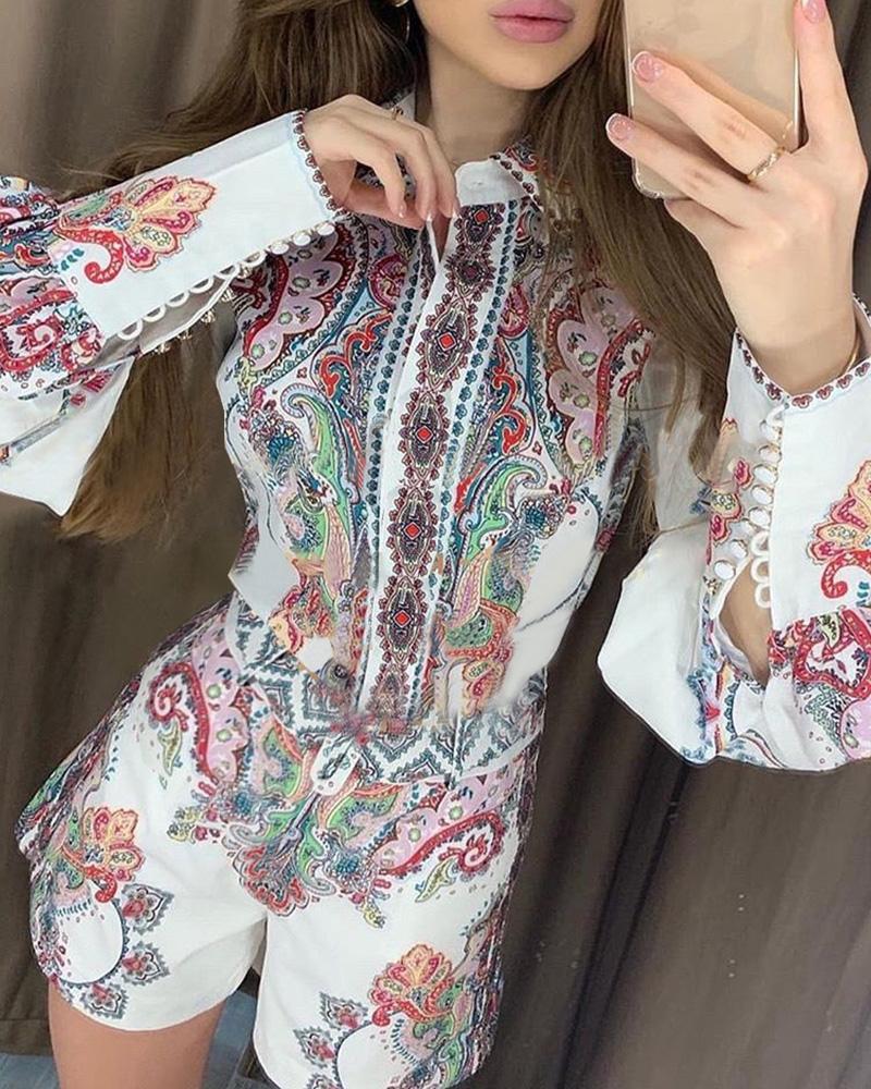 

Ethnic Print Lantern Sleeve Top & Short Set, White