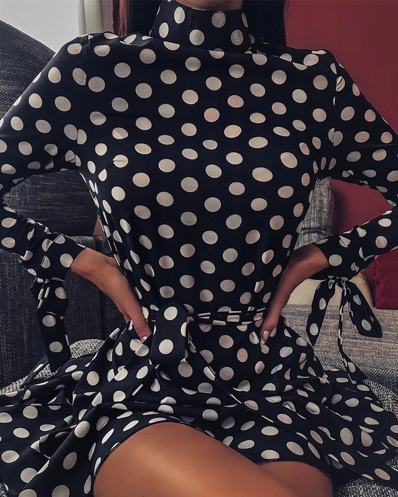 

High Neck Polka Dot Mini Dress, Black