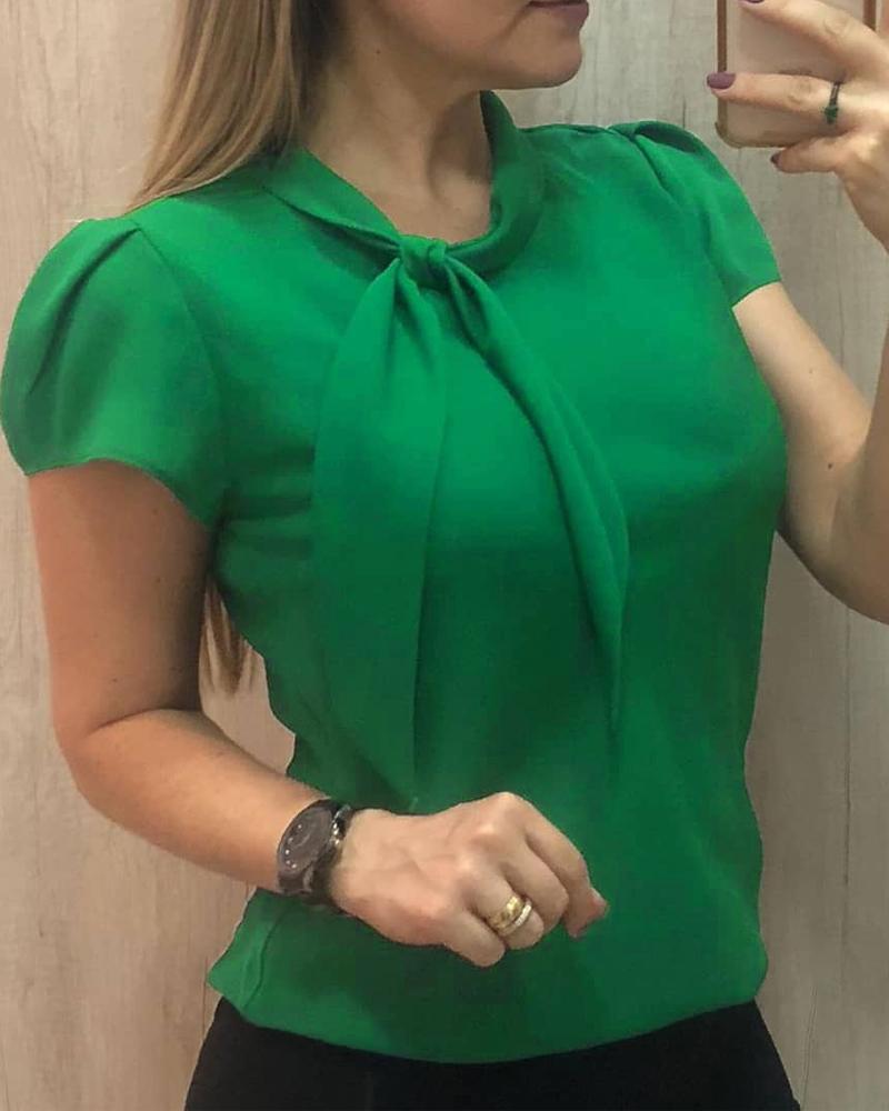 

Puff Sleeve Tied Neck Casual Blouse