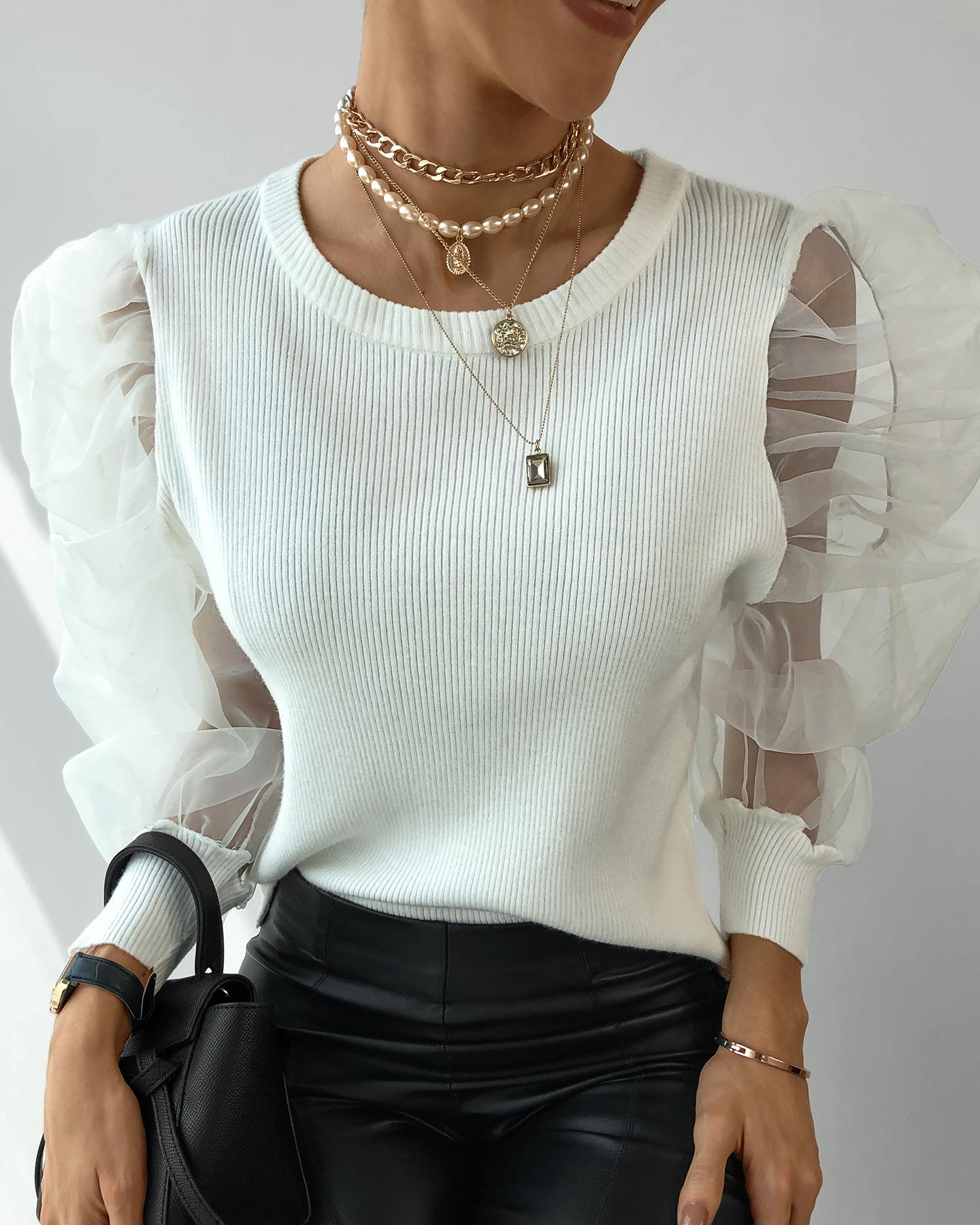 

Puffed Sleeve Sheer Mesh Top, Black