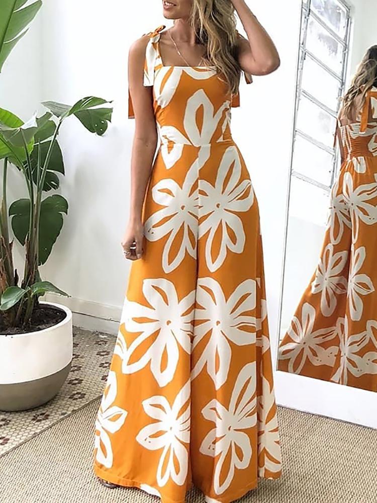 

Floral Print Tied Shoulder Wide Leg Jumpsuit, Orange