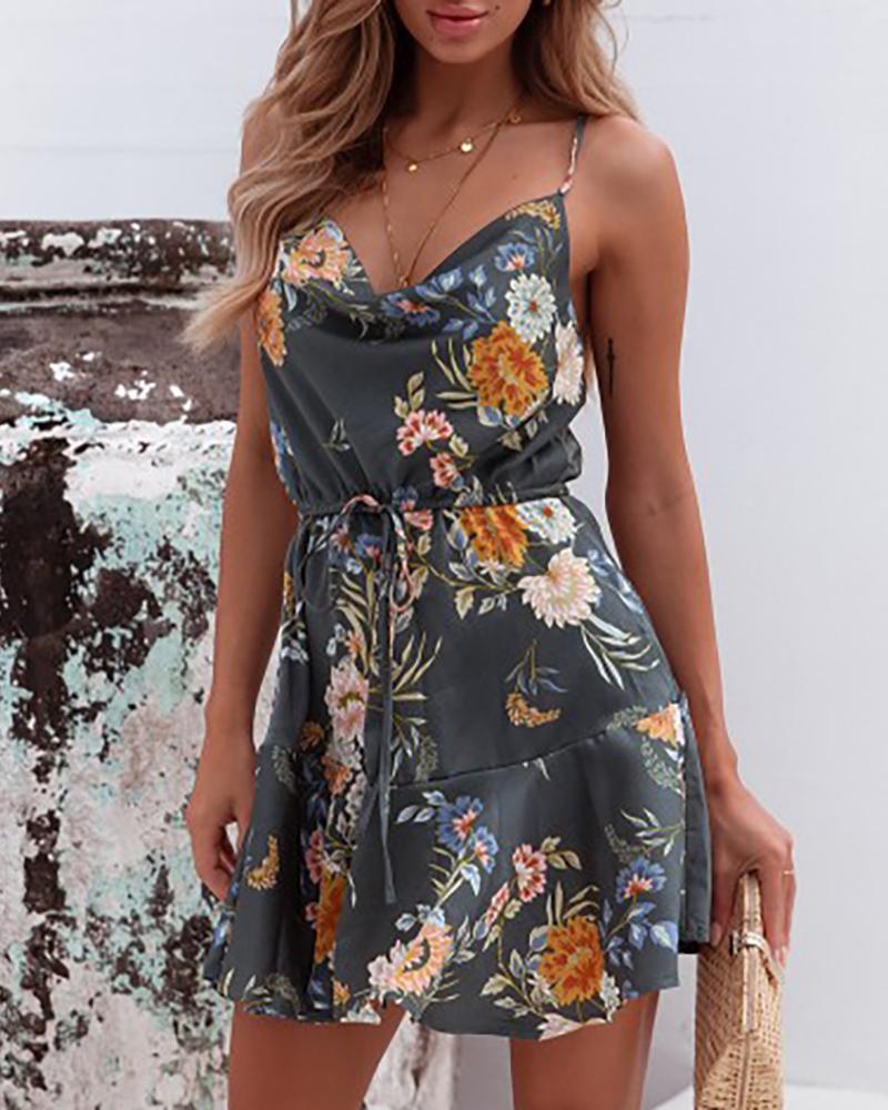 

Cowl Neck Floral Print Ruffles Skater Dress, Gray