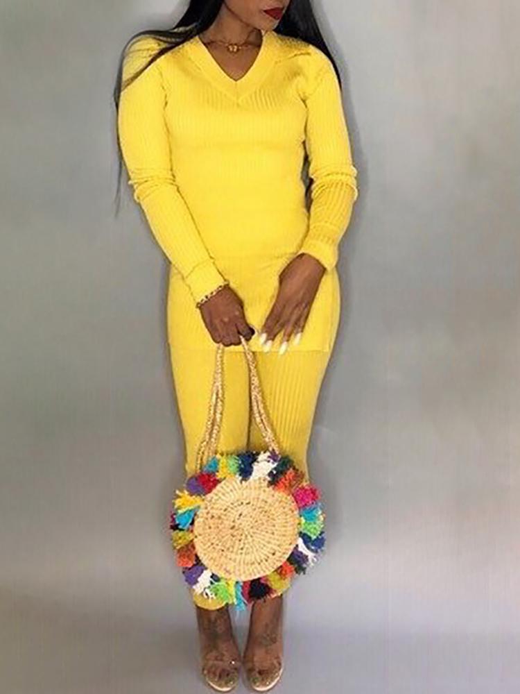 

Solid Long Sleeve V-Neck Top & Pant Sets, Yellow
