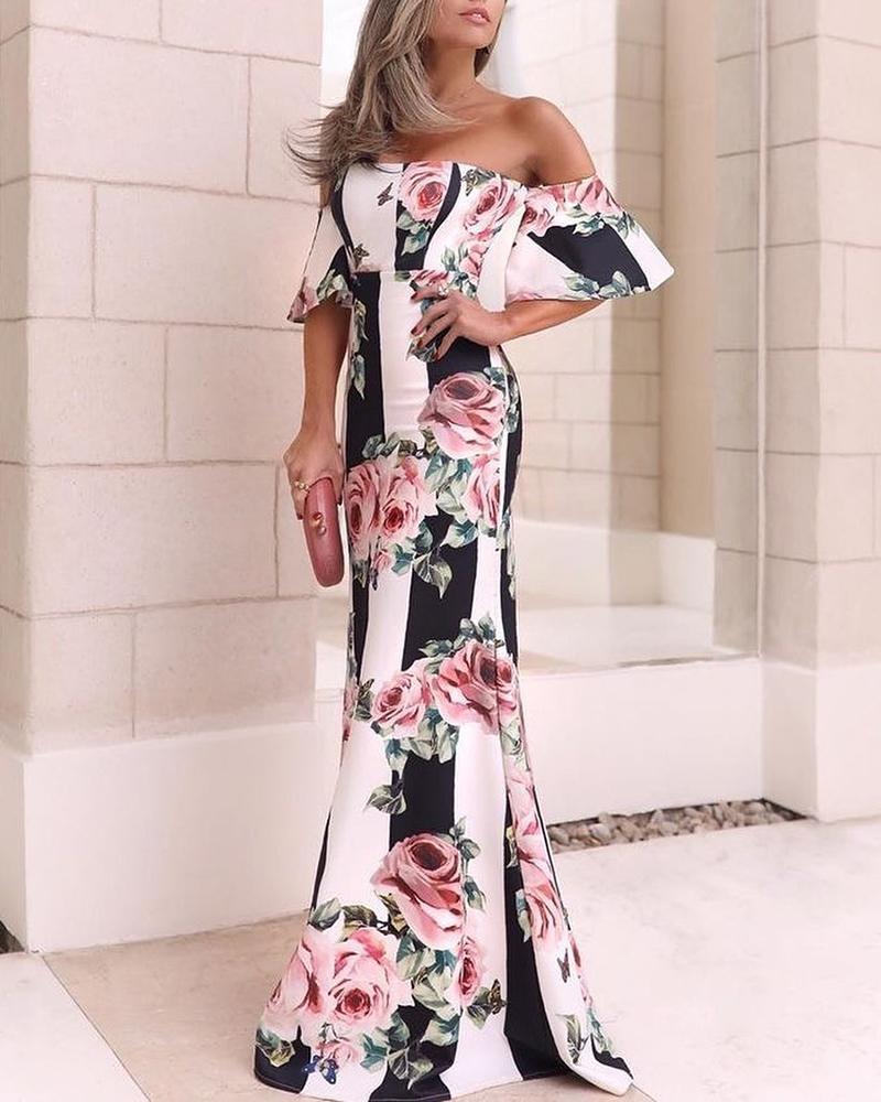 

Floral Print Ruffles Fishtail Maxi Dress, Black