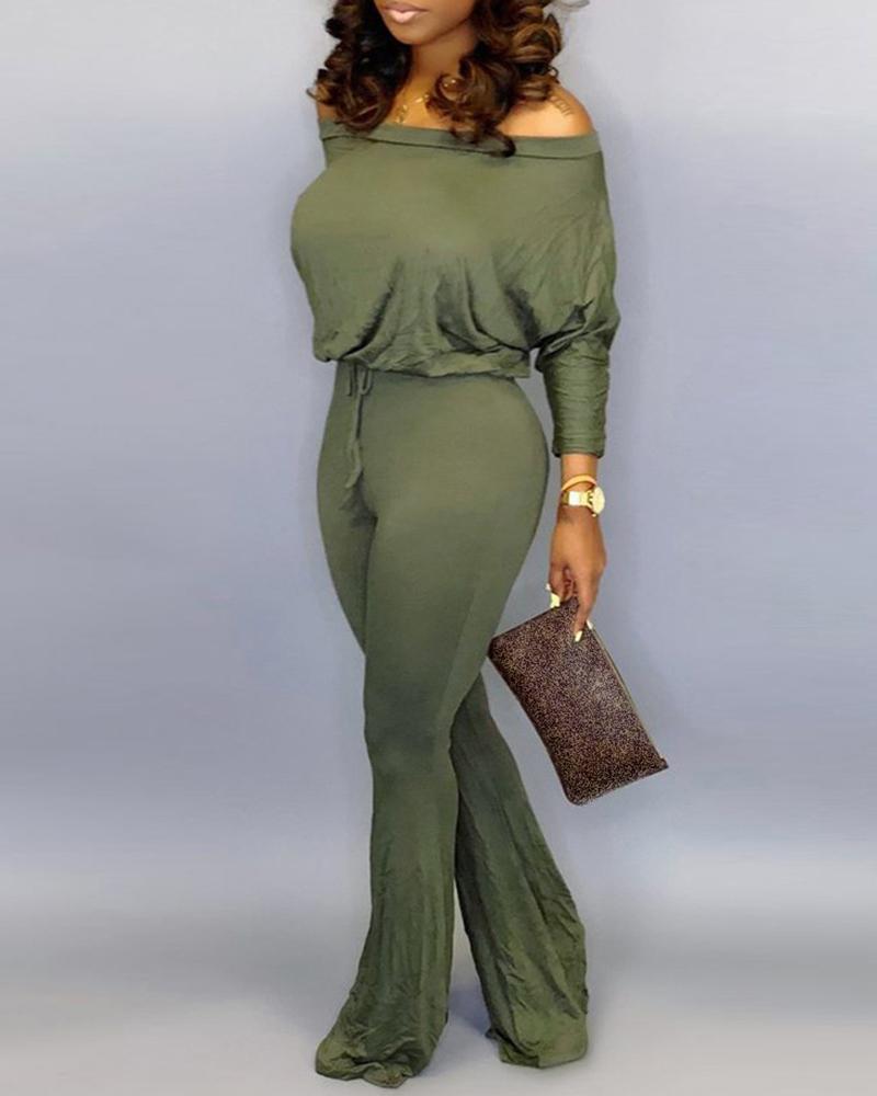 

Solid Off Shoulder Batwing Sleeve Drawstring Jumpsuit, Green