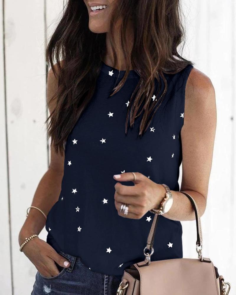 

Round Neck Stars Print Sleeveless Casual T-shirt, Purplish blue