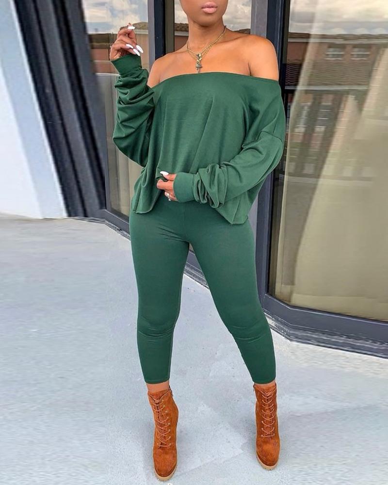 

Solid Off Shoulder Ruched Top & Pencil Pant Sets, Green
