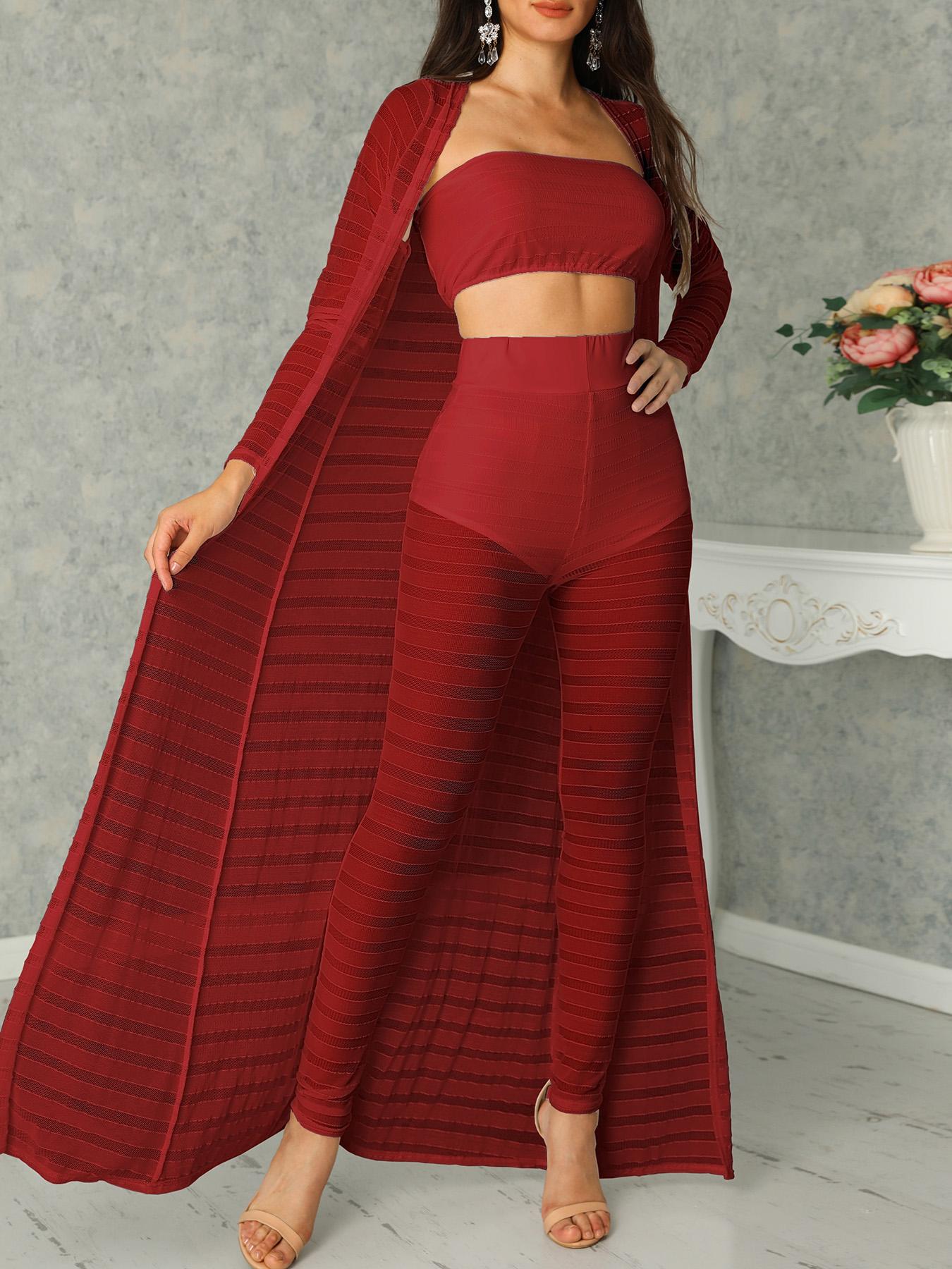 

Striped Mesh Strapless Top & Pants & Cardigan Set, Red