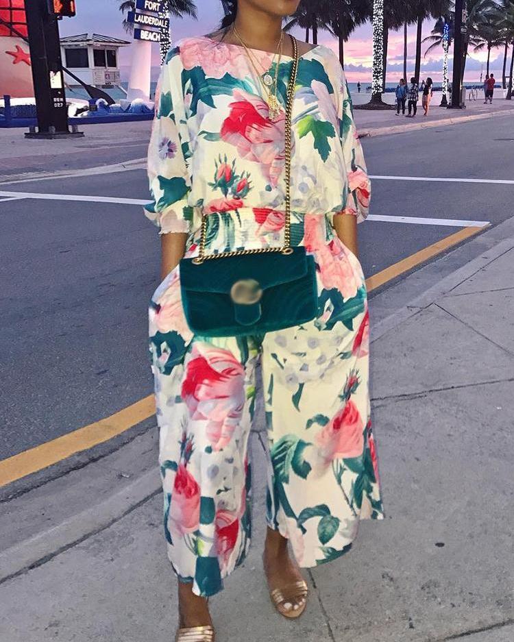 

Floral Puff Sleeve Shirring Wide Leg Jumpsuit