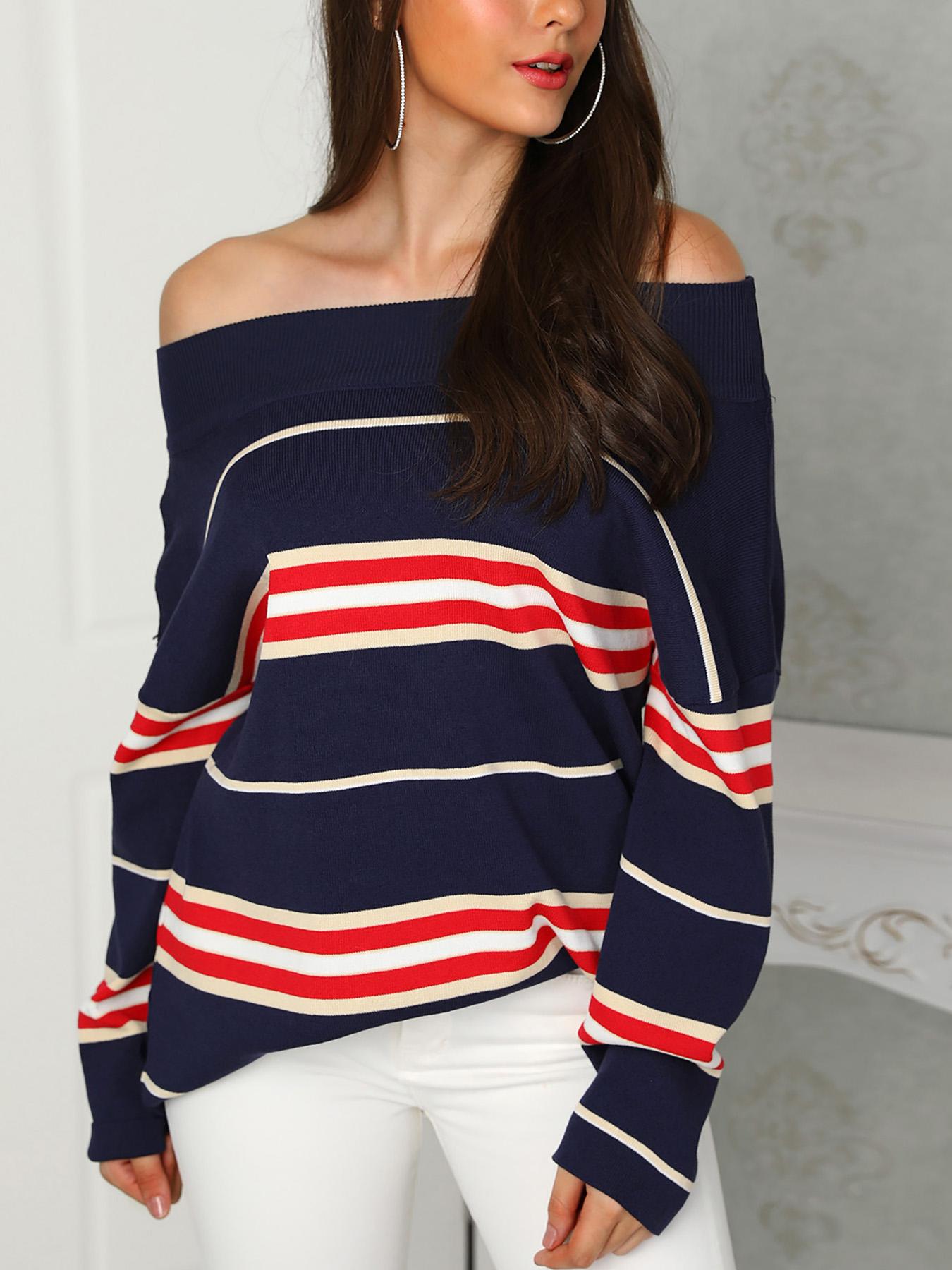 

Striped Off Shoulder Casual Sweater, Dark blue