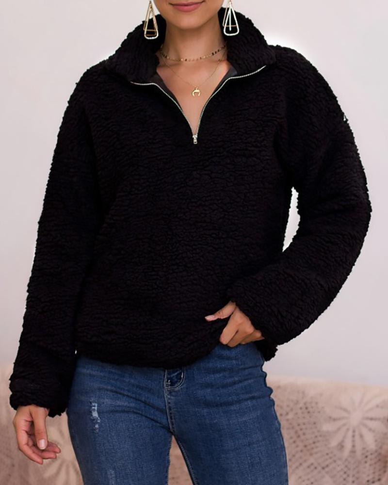 

Solid Long Sleeve Zipped Design Casual Sweatshirt, Black