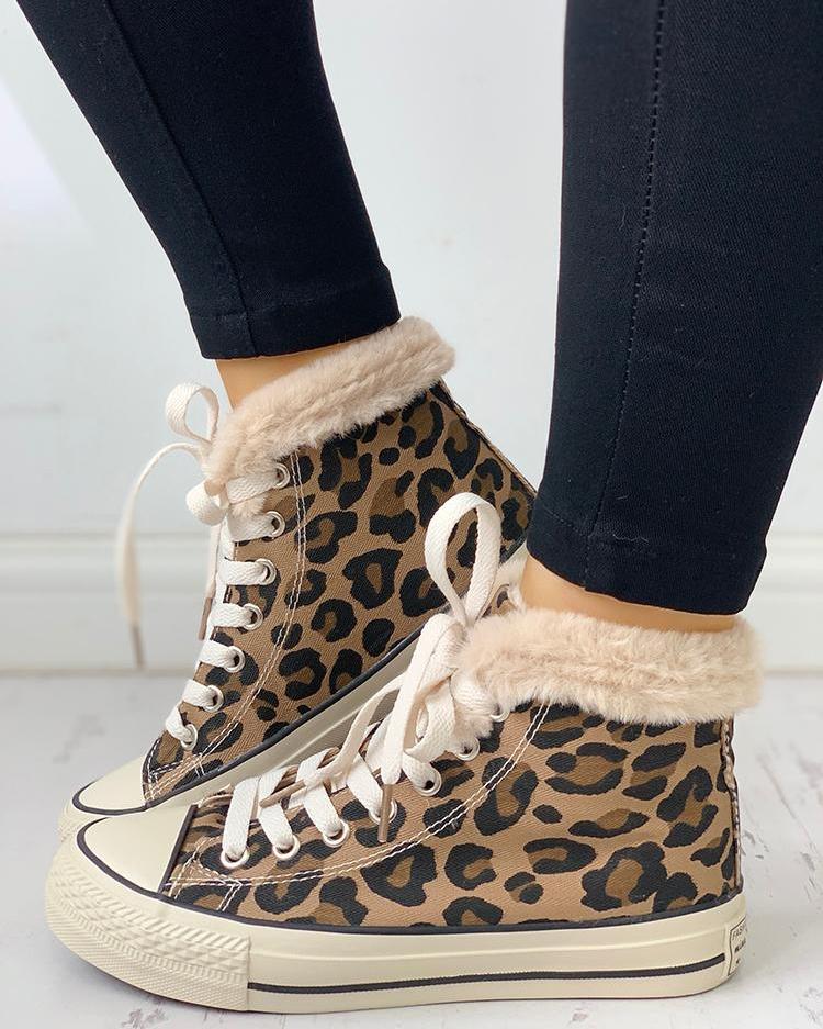 

Fluffy Leopard Lace-Up Casual Sneakers