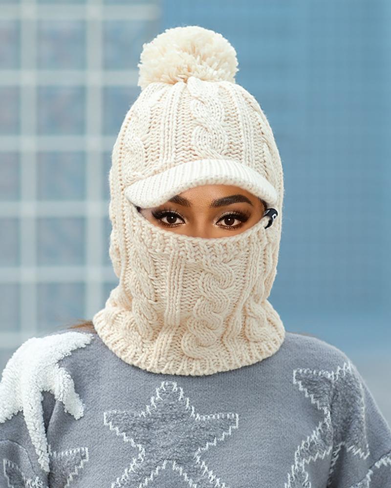 

Warm Neck Pom Pom Knit Hat Mask Beanie, Beige