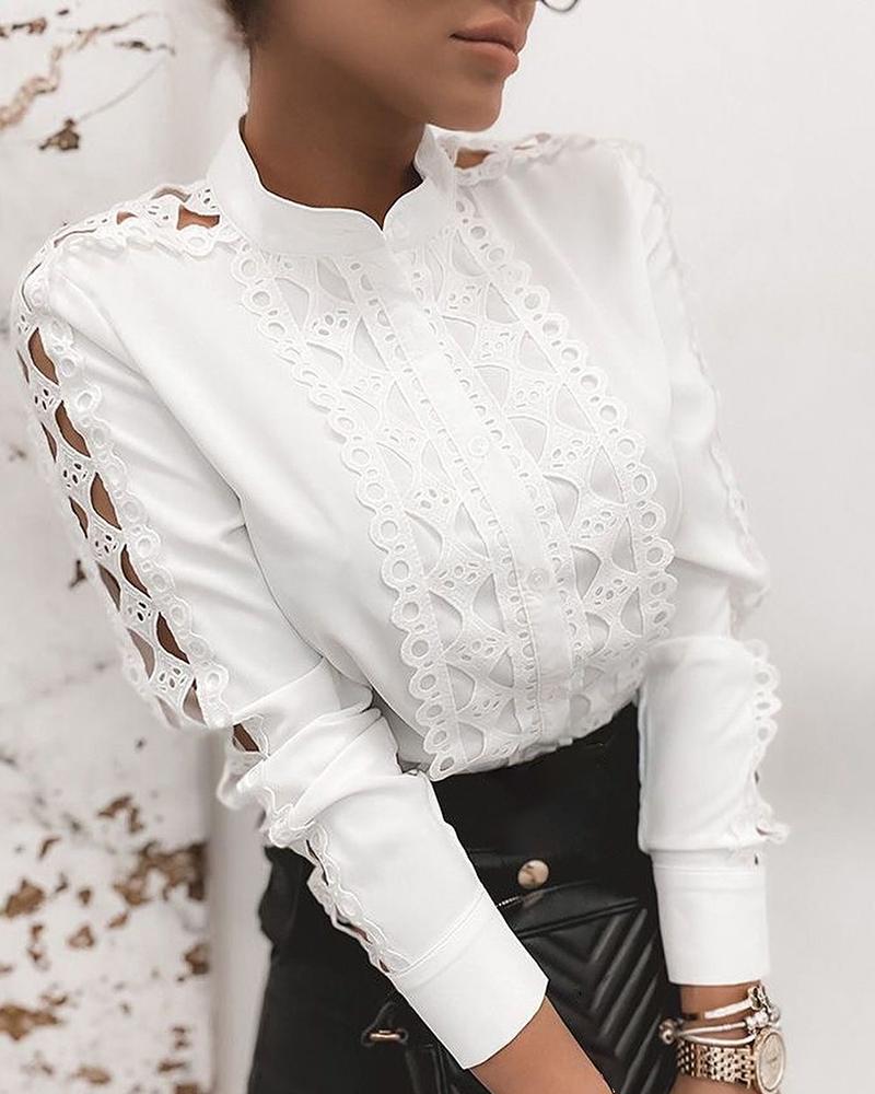 

Lace Trim Hollow Out Button Design Shirt, White