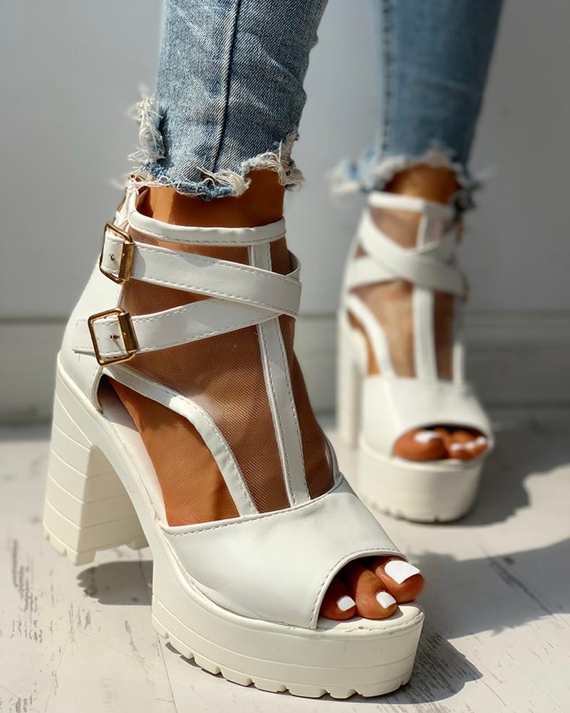 

Patchwork Mesh Hollow Out Platform Chunky Heeled Sandals, White