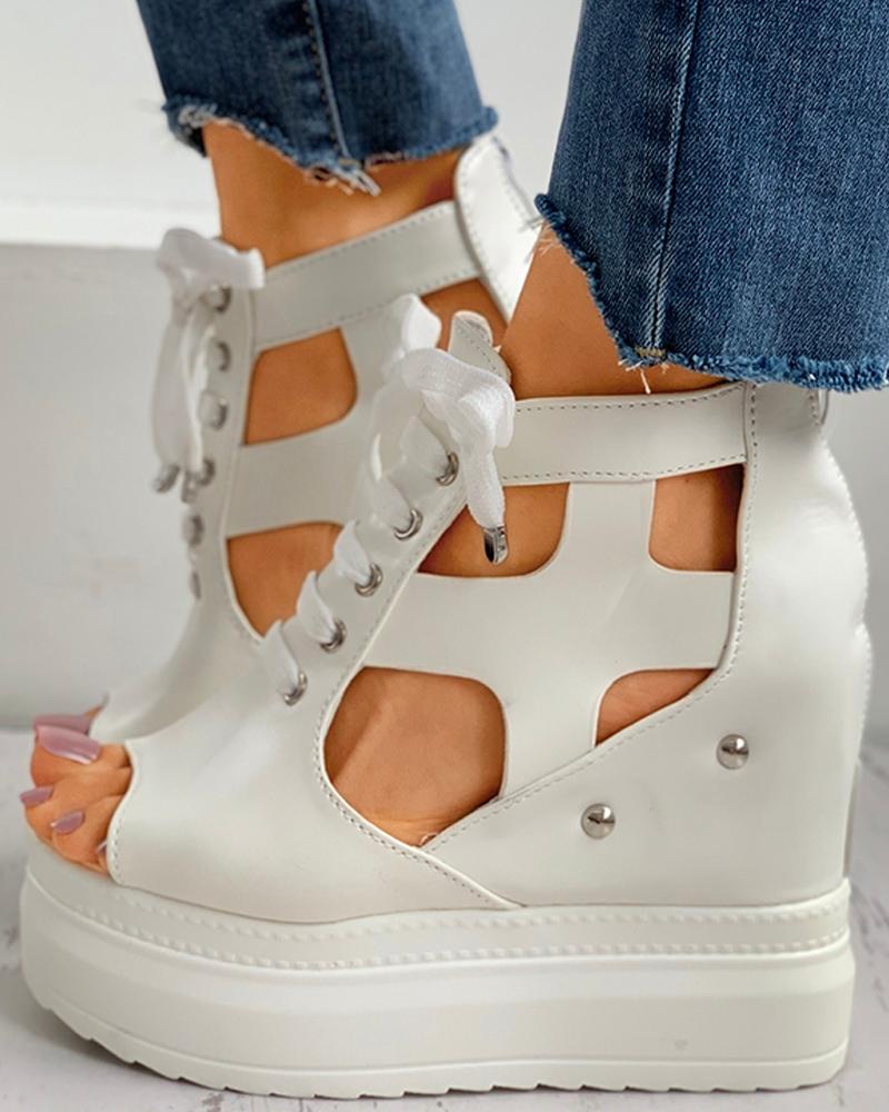 

Eyelet Lace-up Cutout Peep Toe Wedge Sandals, White