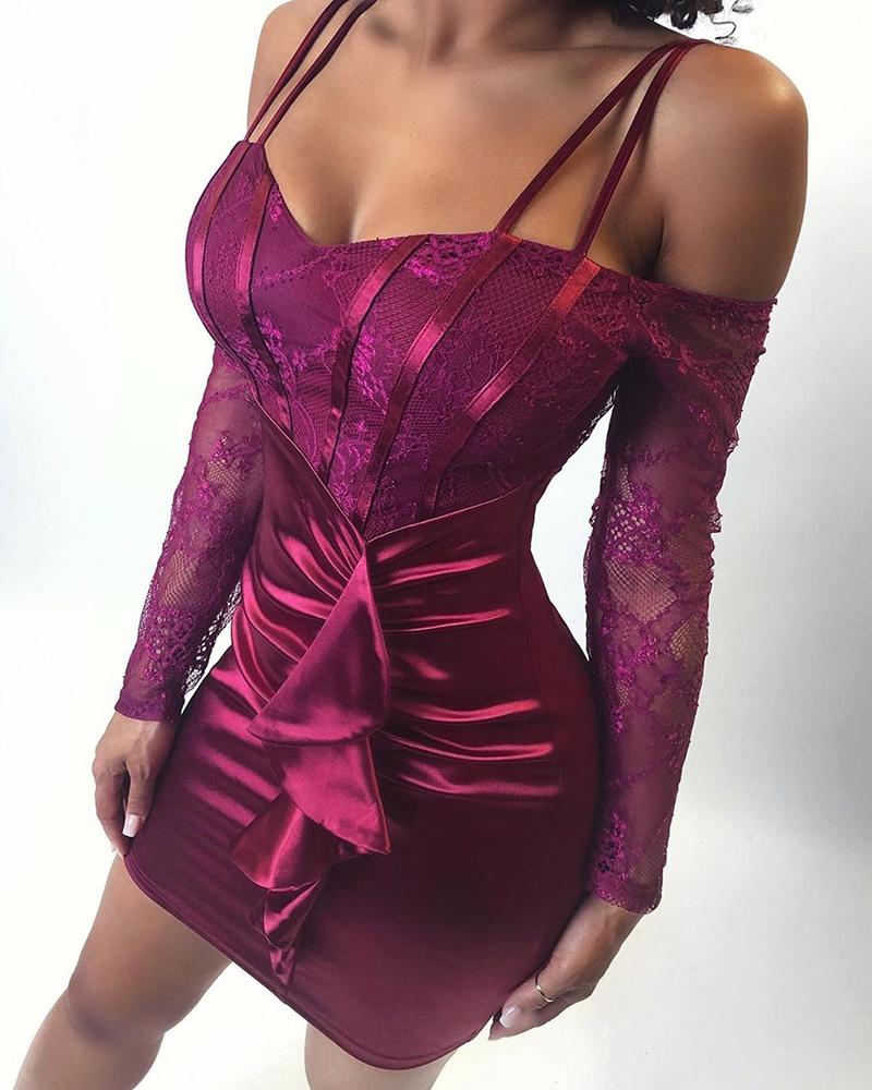 

Spaghetti strap Lace Drape Ruched Bodycon Dress, Purple