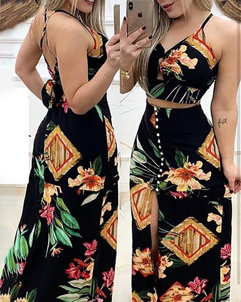 

Floral Print Crisscross Back Top & Slit Skirt Set, Black