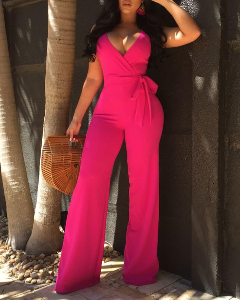 

Oversize Halter Backless Belted Deep V Wrap Jumpsuit, Hot pink