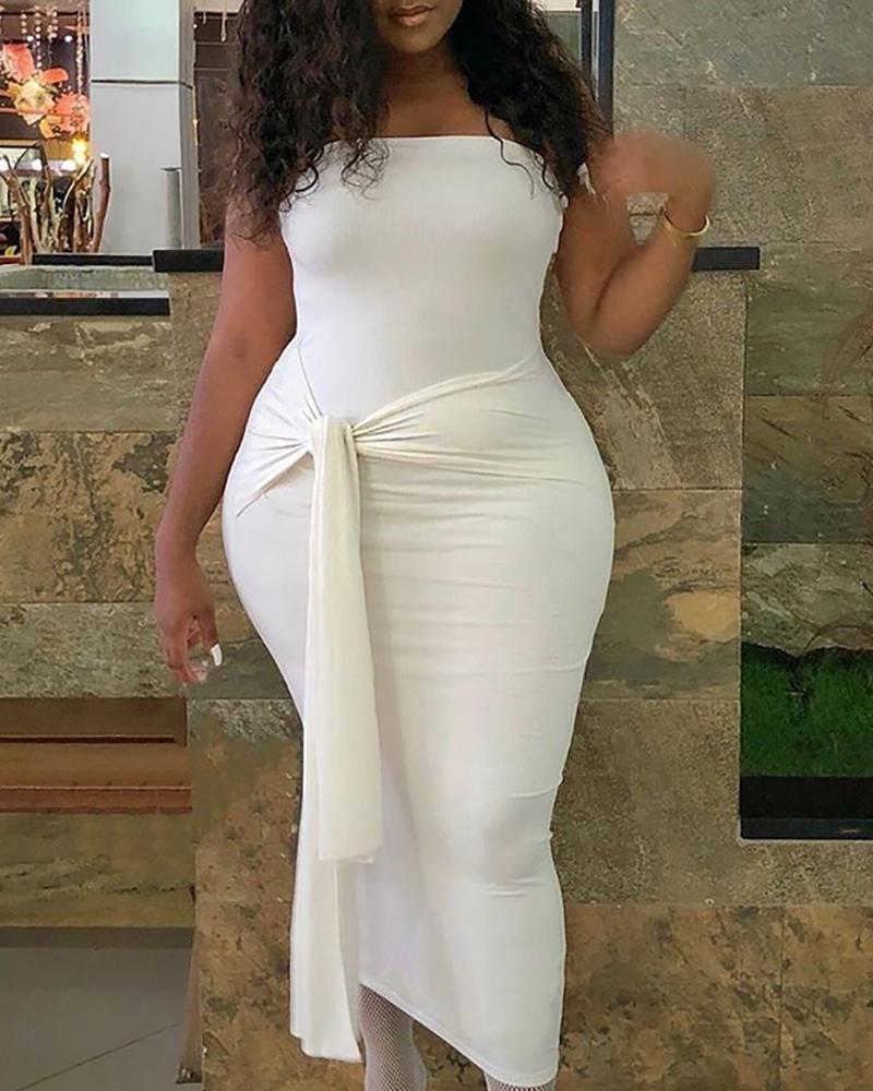 

Solid Tube Sleeveless Tied Bodycon Dress, White