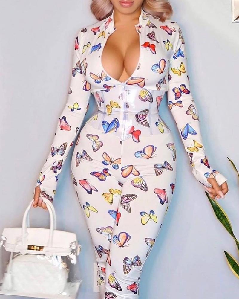 

Butterfly Print Button Front Jumpsuit, White