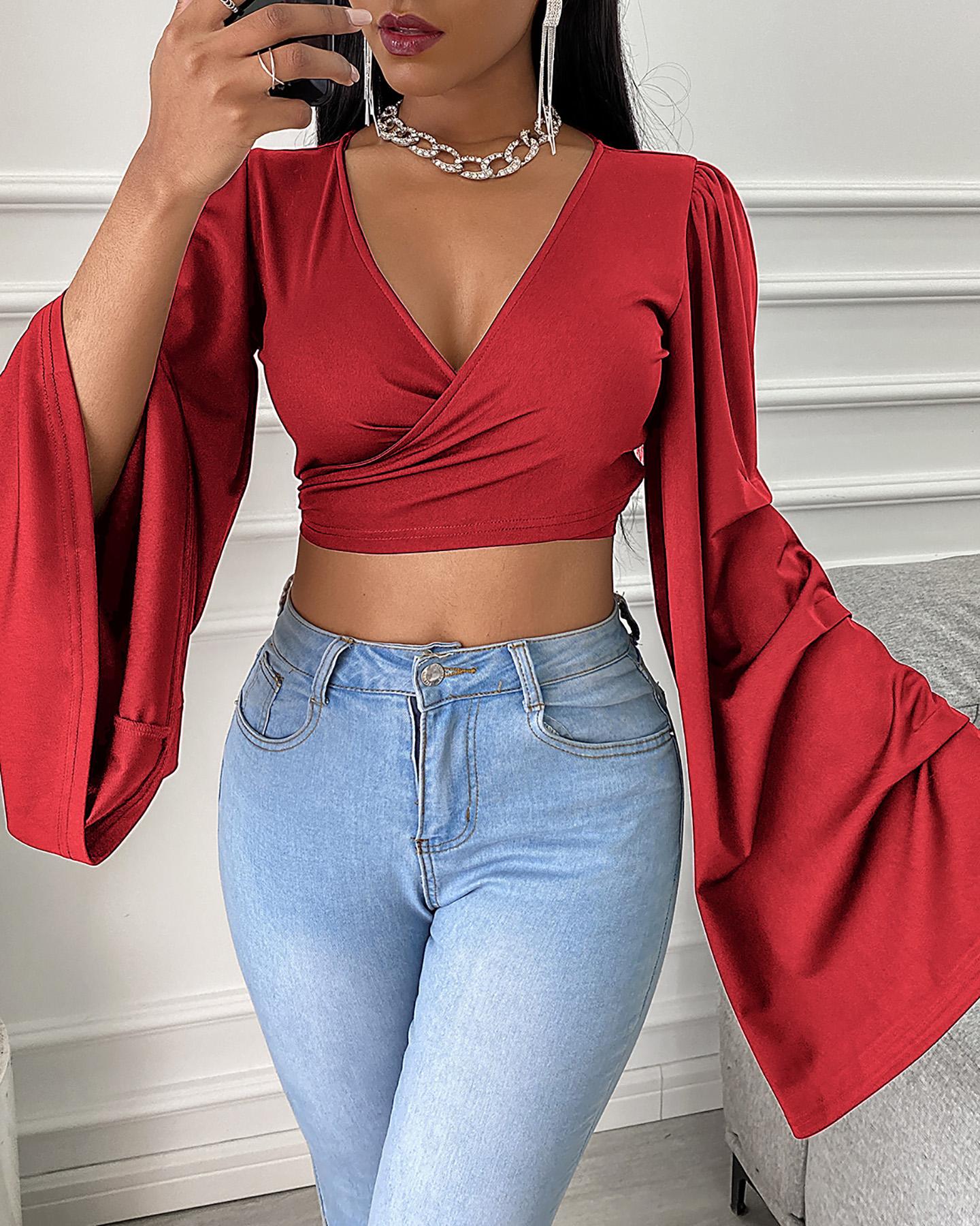 

Plain Puff Sleeve Wrap Crop Top, Red