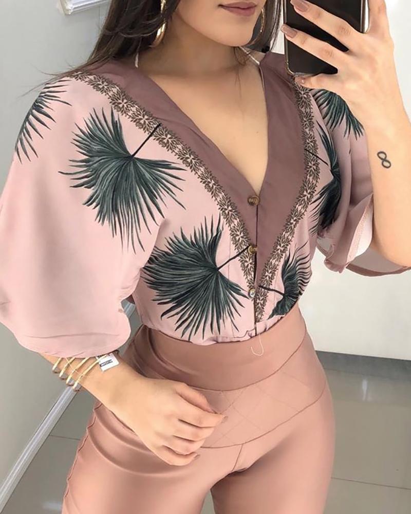 

Tropical Print V-Neck Casual Blouse, Pink