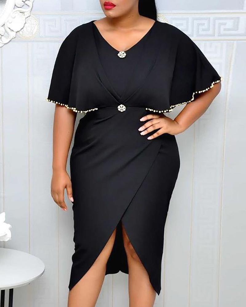 

Beaded Ruffles Design Slit Irregular Dress, Black