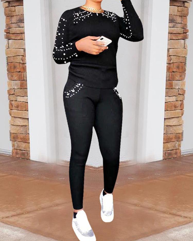 

Beading Embellished Long Sleeve Pocket Tracksuit, Black