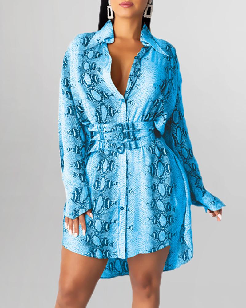 

Snakeskin Print Long Sleeve Shirt Dress, Blue