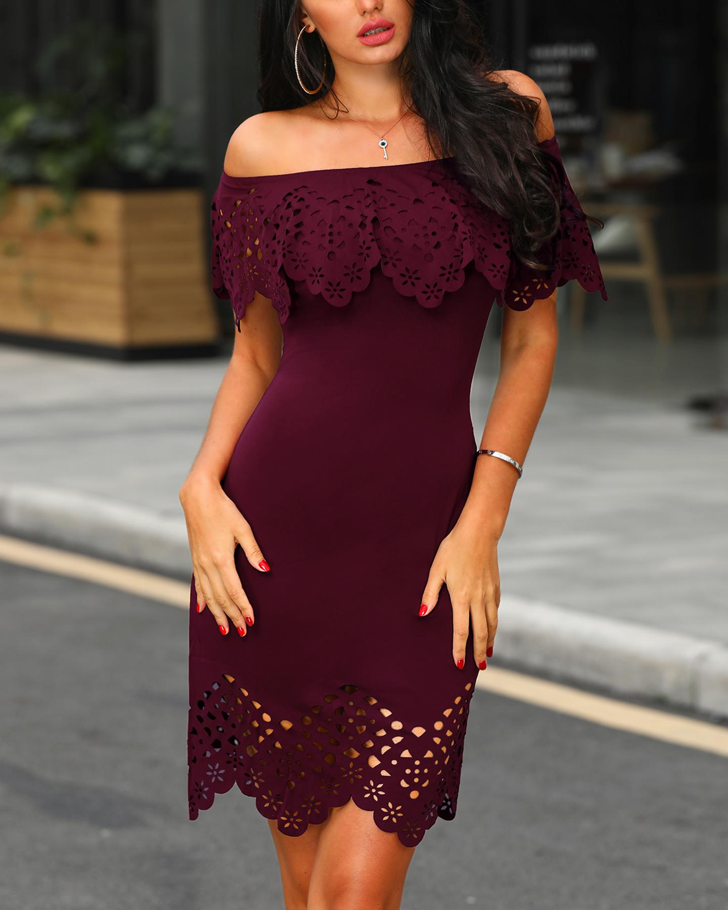 

Off Shoulder Scallop Laser Cut Bodycon Dress