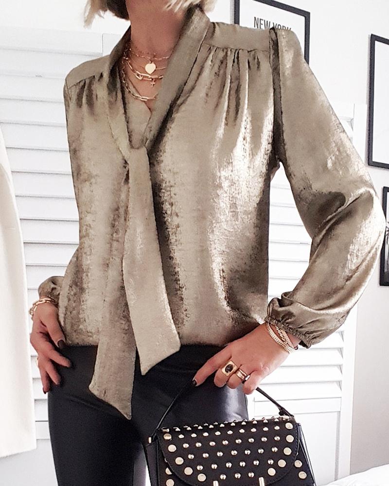 

Metallic Tie Neck Long Sleeve Top, Champagne