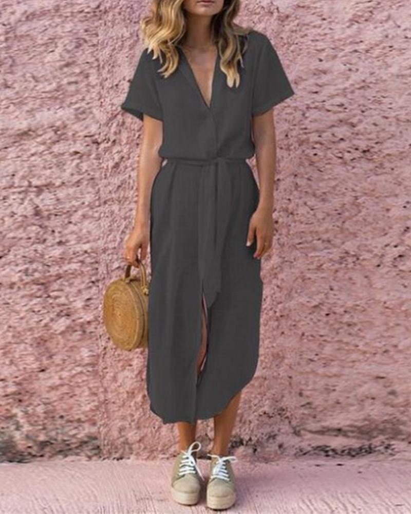 

Solid Tie Waist Shirt Dress, Gray