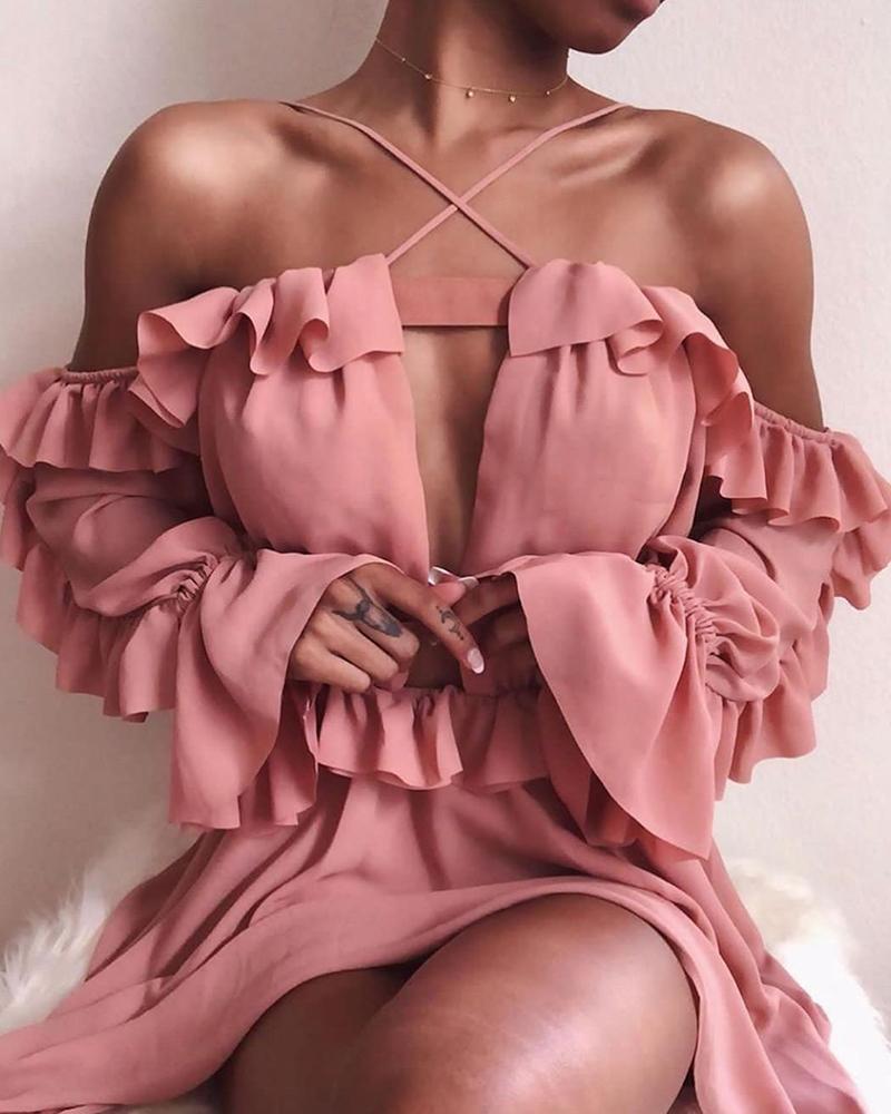 

Halter Cold Shoulder Ruffles Casual Dress