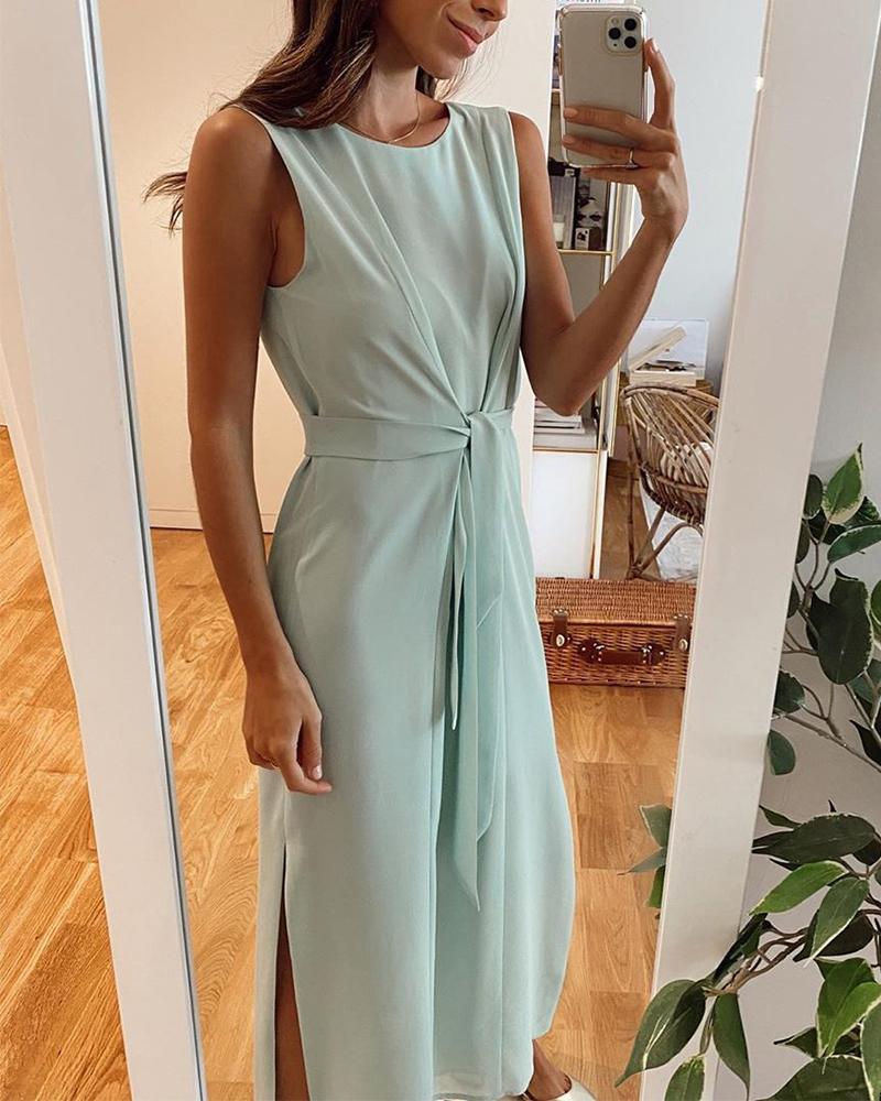 

Solid Lace Sleeveless Split Dress, Light green