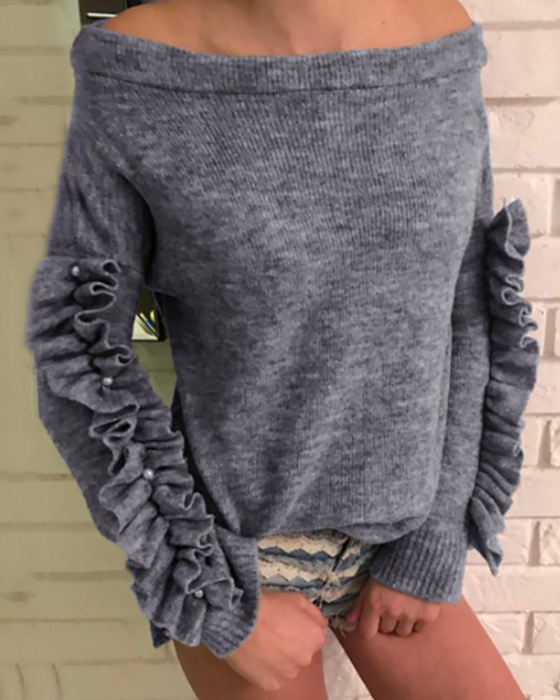 

Solid Off Shoulder Frill Design Sweater, Gray