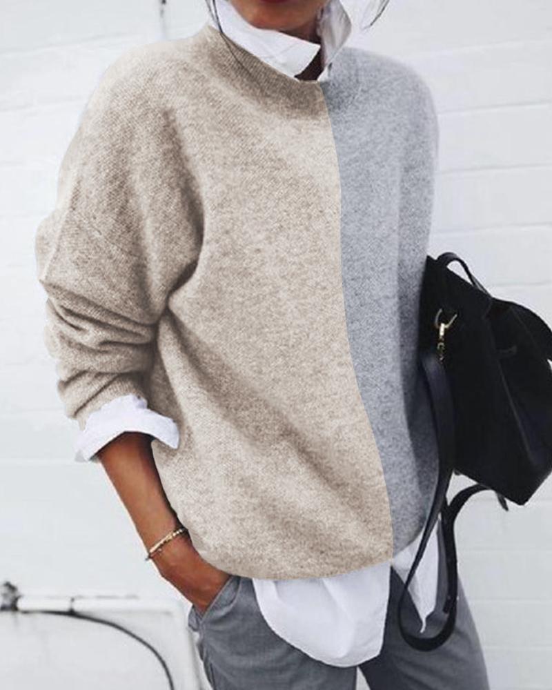 

Round Neck Colorblock Insert Long Sleeve Blouse