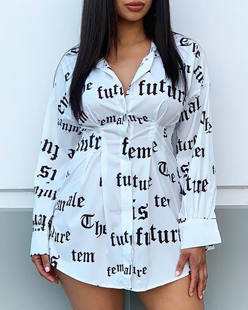 

Letter Print Tight Waist Casual Shirt Dress, White