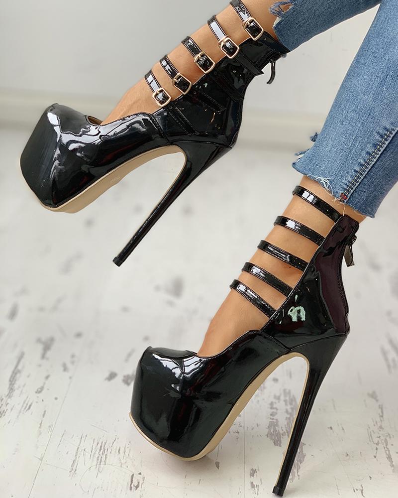 

Multi-Strap Buckled Platform Thin Heels, Black