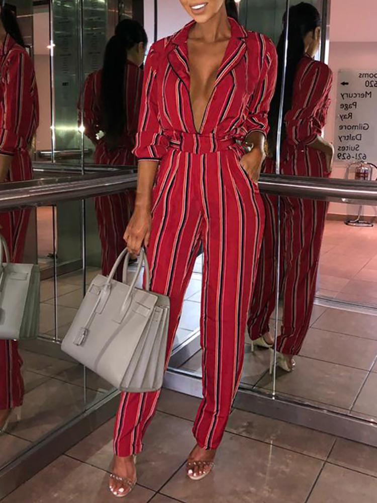 

Contrast Stripes Plunge Pocket Knot Back Jumpsuit, Red