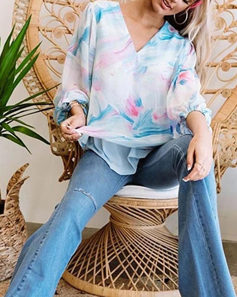

Multicolor Chiffon Long Sleeve Loose Blouse, Blue