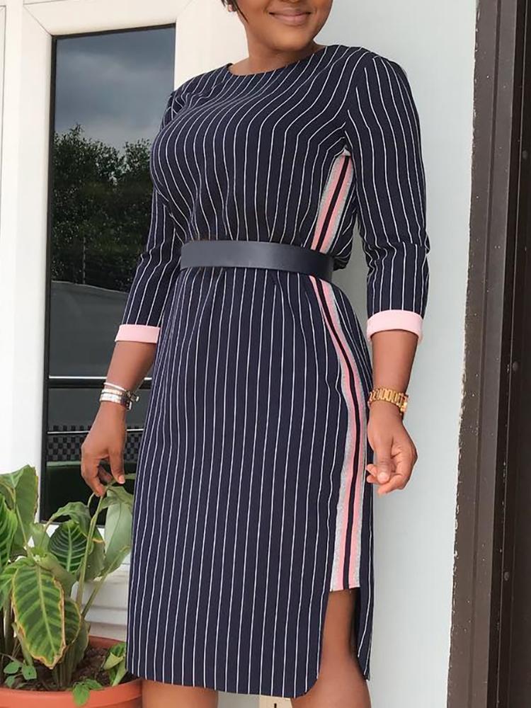 

Striped Binding Side Slit Dress, Black