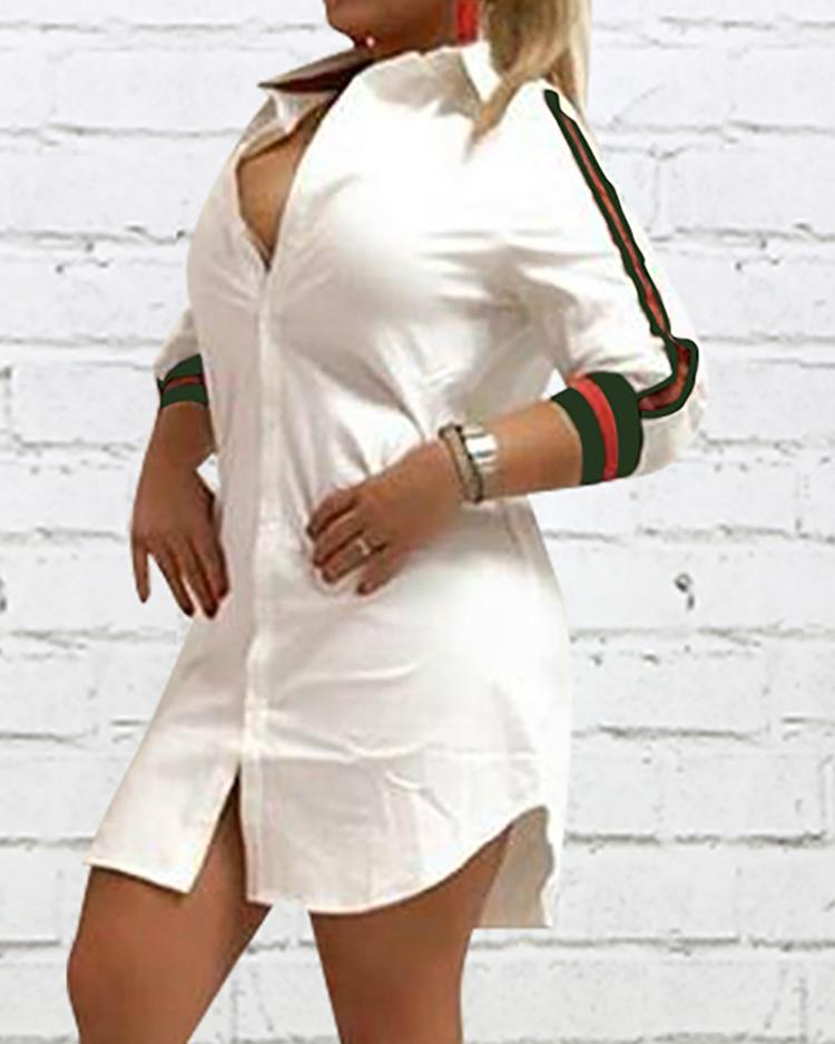 

Stripes Tape Button Up Shirt Dress, White
