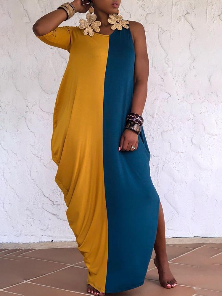 

Contrast Color One Sleeve Casual Maxi Dress